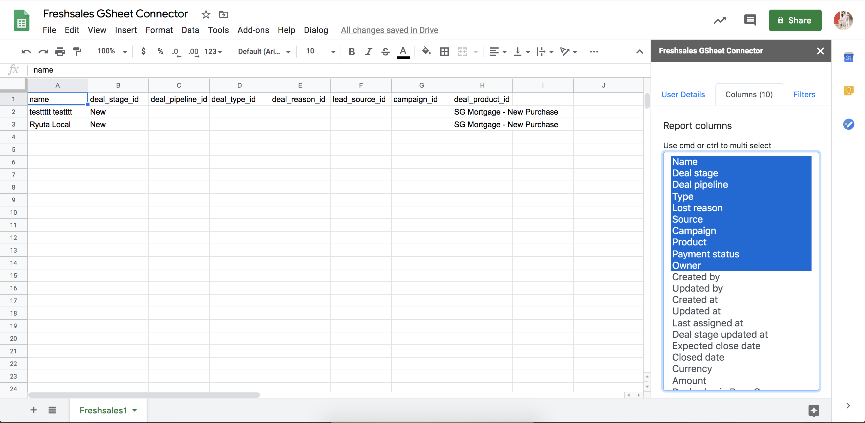 Freshsales GSheet Columns