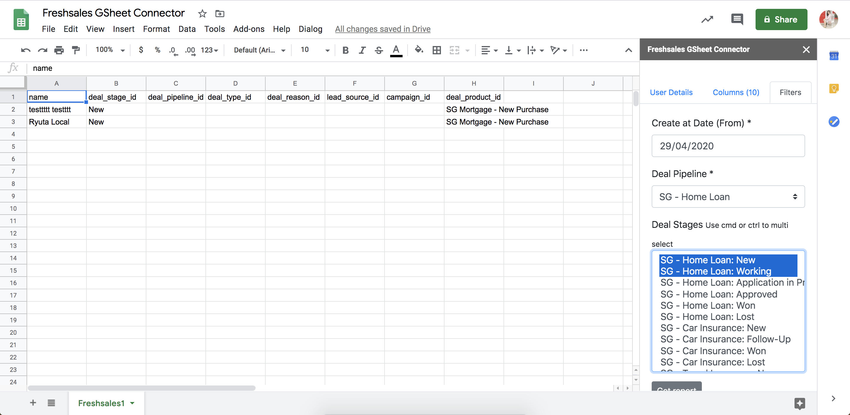 Freshsales GSheet Filters